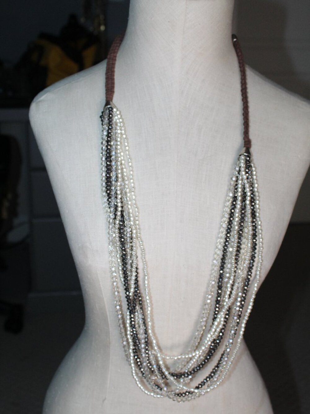 Chico's 40" Brown White Multi-Strand Beaded w Woven Cord Necklace